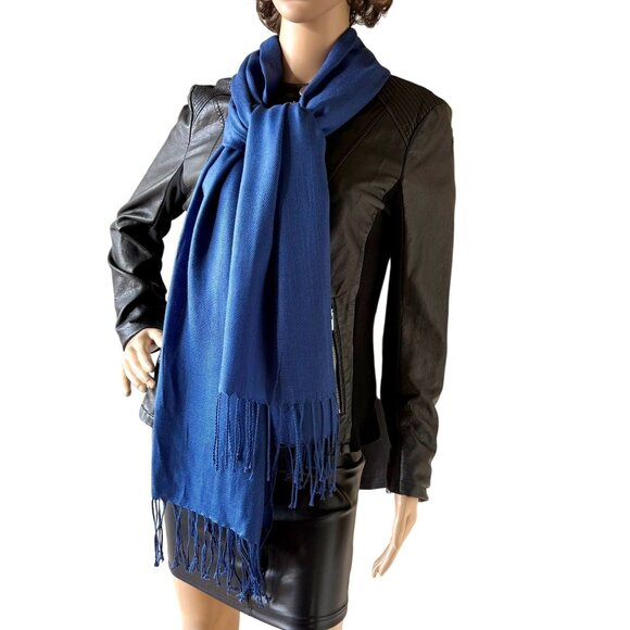 Blue Pashmina Scarf Long 70 inch Fringed Wrap Shawl Soft Cozy Style - Picture 5 of 12